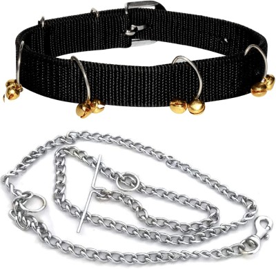 Quickato Good Quality Dog Belt Combo of Black Nylon Ghungroo Collar with Dog Chain Dog Collar & Chain(Medium, BLACK)