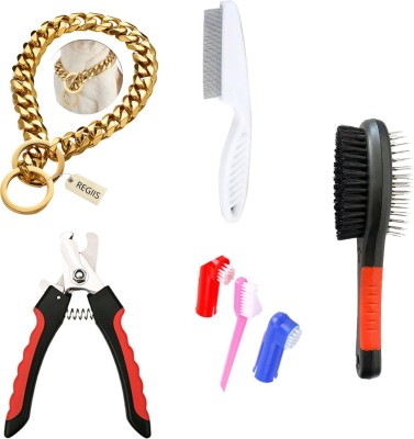 Regiis Brass chain+Double side brush+Flea comb+Nail clipper+Tooth brush(Box of 5) Dog Everyday Collar(Medium, Multicolor)