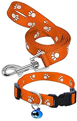 Petstorez Soft Nylon Paw Print Collar Set for Puppies and Cats, (Orange, 15 MM) Dog Collar & Leash(Medium, orange)