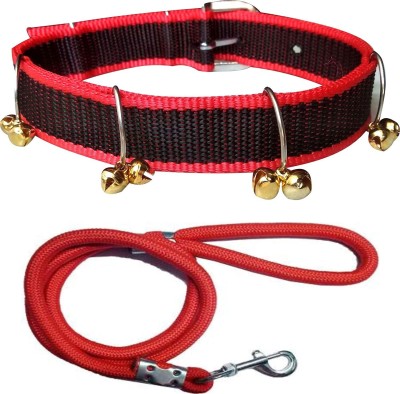 Quickato Nylon Belt Combo of Ghungroo Collar With Leash Dog Collar & Leash Belts Dog Collar & Leash(Medium, BLACK, RED)