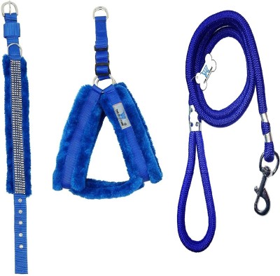 THE DDS STORE Nylone Harness & Collar Soft Fur with Cotton Rope Leash For Dog Dog Everyday Collar(55 - 76 cm, Blue)