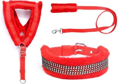 BNF Padded Dog Furr Harness Collar Leash Set Adjustable Dog Chest Belt (Medium) Dog Harness & Leash(Medium, Red)