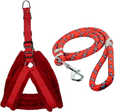 PAWS INTERNATIONAL Nylon Fur 1.25 Inch Dog Harness &Rope Leash(Chest Size: 27-30INCH) Dog Harness & Leash(Large, RED)