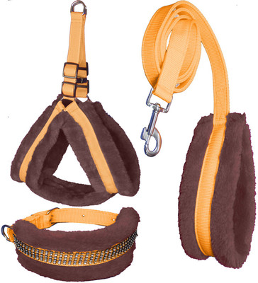ALCAZAR Fur Harness, Leash & Collar Combo Set (Recommanded for 2-5KG PET) Adjustable Dog Harness & Leash(Extra Small, ORANGE-BROWN)