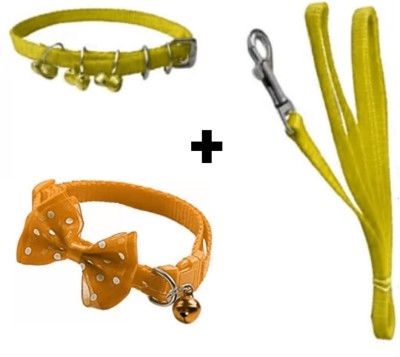 Sip Dog Collar leash Set Adjustable Nylon Ghungroo collar Leash &BowTie -cat ,Puppy Dog & Cat Collar & Leash(Small, yellow, orange)