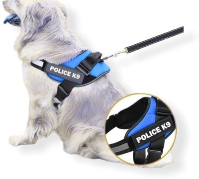 IAmPet Chest Body Police K9 Belt Adjustable Dog Collar & Leash Reflective Hook & Strap Dog Training Harness(Large, Blue)