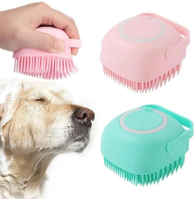 BRAND VILLA Pets Bath Soft Silicone Rubber Bristle Dog Brush with Soap and Shampoo Dispenser Plain/ Bristle Brushes for  Dog & Cat