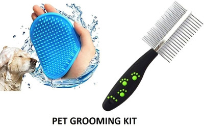 PetJoy Double Sided Steel Shedding Comb with Bath Scrub Glove, Pet Grooming Kit Basic Comb for  Dog & Cat