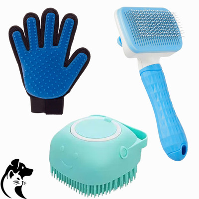BBFLAMINGO Pet Grooming Combo Of 3 – Slicker Brush, Glove & Shampoo Dispenser Bath Tool | Basic Comb for  Dog, Cat, Rabbit