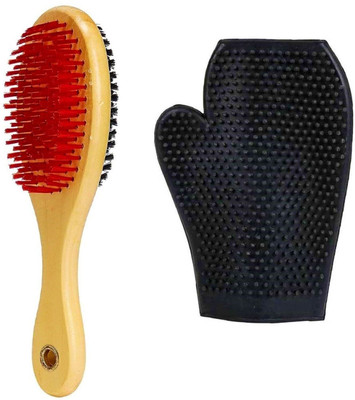 Pet Needs Double Sided Wooden Bristles Dog Brush With Free Grooming Bathing Gloves Plain/ Bristle Brushes for  Dog
