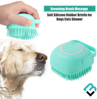 BRAND VILLA Silicone Rubber Bristle Pet Bath Brush with Soap & Shampoo Dispenser Pack of 2 Plain/ Bristle Brushes for  Dog & Cat