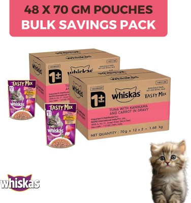 Whiskas Tasty Mix Tuna with Kanikama & Carrot in Gravy, Pack of 48 x 70g Tuna 3.36 kg (48x0.07 kg) Wet Adult Cat Food