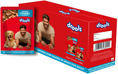 Drools Chunks in gravy for Adult - Chicken Liver and Real Chicken 2.25 kg (15x0.15 kg) Wet Adult Dog Food