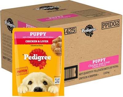 PEDIGREE Pedigree Puppy Wet Dog Food, Chicken & Liver Chunks in Gravy, 70G (30) Chicken, Liver 2.1 kg Wet New Born Dog Food
