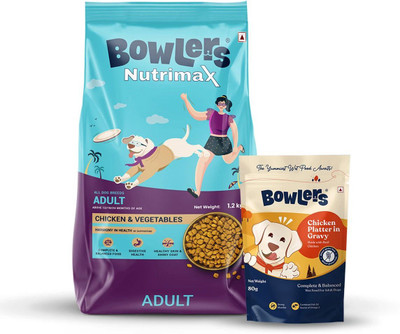 Bowlers Nutrimax Adult Chicken & Vegetables 1.2 Kg + Wet dog food Chicken Gravy 80gm Chicken 1.28 kg (2x0.64 kg) Dry Adult Dog Food Bowlers Nutrimax Adult Chicken & Vegetables 1.2 Kg + Wet dog food Chicken Gravy 80gm Chicken 1.28 kg (2x0.64 kg) Dry Adult Dog Food