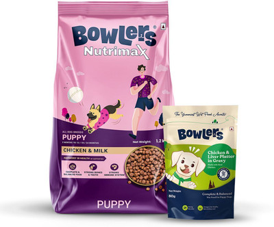 Bowlers Nutrimax Puppy Chicken & Milk + dog food Chicken Gravy & liver 80gm Chicken, Milk 1.28 kg (2x0.64 kg) Dry Young Dog Food