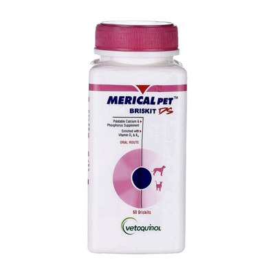 Vetoquinol Merical Pet Briskit Calcium and Phosphorus Supplement 60 Tablets Pet Health Supplements(60 Pieces)