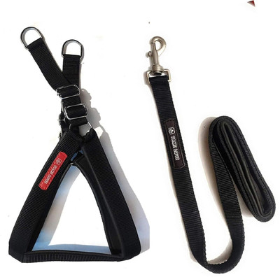 Tame Love Combo of Nylon Adjustable Chest Padded Harness with Padded Leash Dog Rope 162 cm Dog Cord Leash(Black)