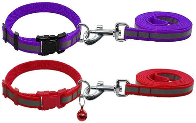 Puppy hugs Set of 2 Nylon Reflected Tape Leash Collar Set for Small Puppy-W-1.5 cm,L-120 cm 120 cm Dog Strap Leash(Purple, Red)