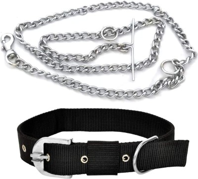 Pet Zone India Best High Quality Dog Collar+Steel Chain(Combo of 2) Dog Collar & Chain 150 cm Dog Chain Leash(Black, Silver)