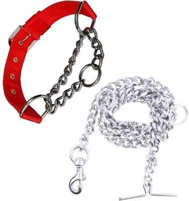 Hundur Store Pet Nylon 1 inch Dog Choke Chain Collar with 8 No. Steel Dogs Chain (Medium) 32 cm Dog Chain Leash(Red)