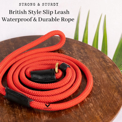 VamaLeathers British Style Slip Leash with Adjustable Stopper - Nylon Rope with Leather Trimmings - Hand Crafted - Length - 5 Feet (Including Loop), Thickness - 1 Cm 152.4 cm Dog Cord Leash(Red)