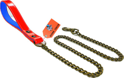 SUPER CHAIN LEATHER Tone Leash Chew Proof Soft Padded Handle with BRASS Hook(LARGE-MEDIUM) 130 cm Dog Chain Leash(Red, Steel)