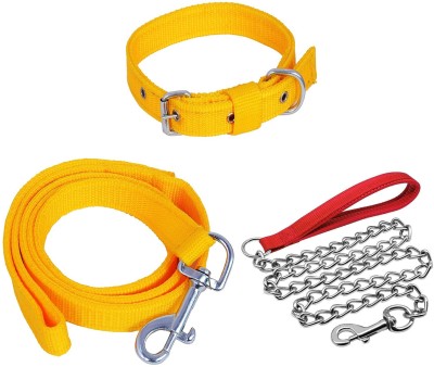 Quickato Combo Dog Chain Leash Collar & Belt Set Medium Dog Collar & Chain 150 cm Dog Chain Leash(Silver, Yellow)