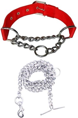 Hundur Store Pet Nylon 0.75 inch Dog Choke Chain Collar with 10 No. Steel Dogs Chain (Small) 32 cm Dog Chain Leash(Red)