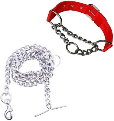Hundur Store Nylon 1.5 inch Dog Choke Chain Collar with 4 No. Steel Dogs Chain (Extra Large) 32 cm Dog Chain Leash(Red)