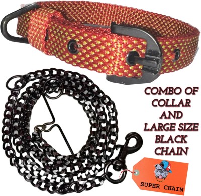 SUPER CHAIN PREMIUM 3D PRINTED Collar Combo With Diamond Cut Black Dog Chain (LARGE) 160 cm Dog Chain Leash(Black)
