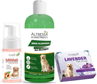 ALTRESSA Allergy Relief, Anti-itching, Anti-parasitic Soothing Peach Bubble Bath(150ml) + Lavender Pet Soap(75gm) + Neem Aloe Vera Dog Shampoo(300 ml)