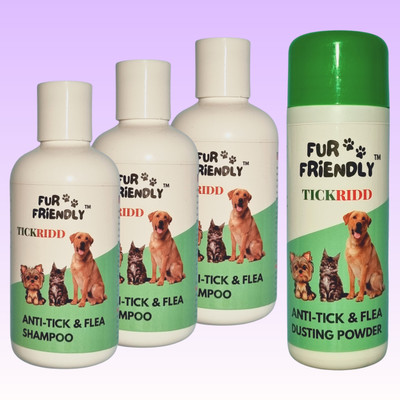 FUR FRIENDLY Anti-Tick & Flea Shampoo(3x200 ml)| Anti-Tick & Flea Powder(100 gm)| (Set of 4) Flea and Tick Natural Fragrance Dog Shampoo(700 ml)