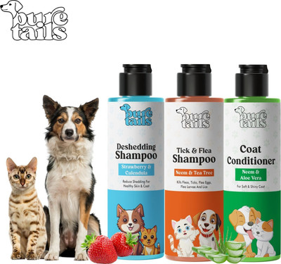 Pure Tails combo of 3 Anti tick shampoo 200ml+deshadding shampoo200ml+coat conditioner Anti-itching, Anti-fungal, Anti-dandruff Strawberry & Calendula, Neem & Tea Tree, Neem & Aloe Vera Dog, Cat Shampoo(200 ml) Pure Tails combo of 3 Anti tick shampoo 200ml+deshadding shampoo200ml+coat conditioner Anti-itching, Anti-fungal, Anti-dandruff Strawberry & Calendula, Neem & Tea Tree, Neem & Aloe Vera Dog, Cat Shampoo(200 ml)