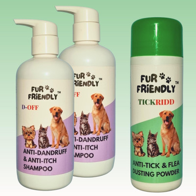 FUR FRIENDLY Anti-Dandruff & Itch Shampoo(2x300 ml)|Anti-Tick & Flea Powder(100gm)|(Set of 3) Anti-dandruff Natural Fragrance Dog Shampoo(700 ml)