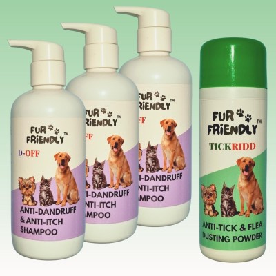 FUR FRIENDLY Anti-Dandruff & Itch Shampoo(3x300ml)|Anti-Tick & Flea Powder(100gm)|(Set of 4) Anti-dandruff Natural Fragrance Dog Shampoo(1000 ml)