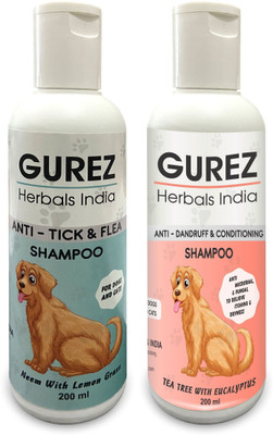 Gurez Tick & Flea Dog Shampoo 200ml + Anti Dandruff & Conditioning Pet Shampoo 200ml Allergy Relief, Anti-dandruff, Anti-fungal, Anti-itching, Conditioning, Flea and Tick neem and eucalyptus, All Natural 400 ml Dog Shampoo(400 ml)