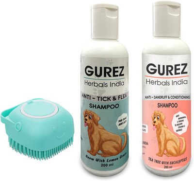 Gurez Anti-tick and Flea dog shampoo + conditioning pet shampoo + message pet brush Flea and Tick, Anti-dandruff, Conditioning, Allergy Relief, Anti-fungal, Anti-itching Neem (COMBO PACK ), Eucalyptus Dog Shampoo(400 ml)