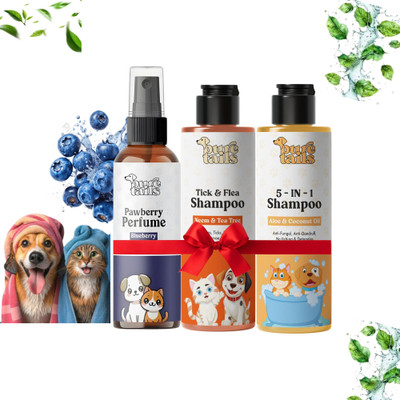 Pure Tails (combo of 3) 5 in 1 shampoo 200ml+antintick shampoo 200ml+pawberry perfume 100ml Anti-fungal, Anti-dandruff, Anti-microbial, Allergy Relief Natural Dog, Cat Shampoo(500 ml)