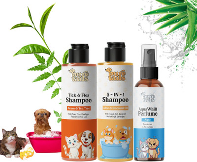 Pure Tails Dog Combo 3 | Flea & Tick 200ml + 5-in-1 Shampoo 200ml + Aqua Whiff 100ml Anti-fungal, Anti-Bacterial Natural Dog, Cat Shampoo(500 ml)