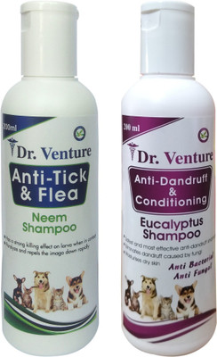 Dr Venture Anti-tick and Flea Dog Shampoo 200 ml + Anti Dandruff & Conditioning 200 ml Anti-microbial, Conditioning, Anti-fungal, Flea and Tick, Anti-dandruff, Anti-itching neem and eucalyptus Dog Shampoo(400 ml)