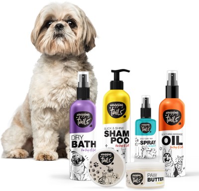 Wagging Tails Combo of 5 Dog Shampoo+Massage Oil+Dry Bath+Paw Butter+Paw Spray for Shihtzu Pet Spa Kit