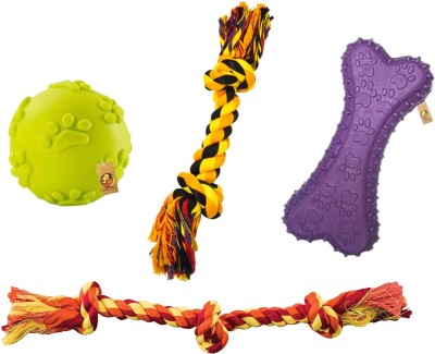 Foodie Puppies 4in1 Squeaky Chew Rope Toys Combo (2Knot + 3Knot + Claw Ball + Prickle Bone) | Rubber Ball, Bone, Chew Toy For Dog