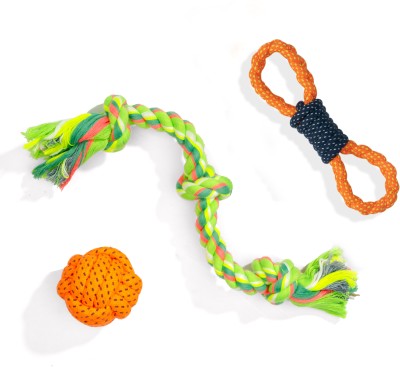 KIBBO Pet Rope Toys Combo of Rope Ball, Three Knot Tug & Double Loop Tug | Cotton Chew Toy For Dog & Cat