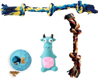 Foodie Puppies 4 in1 Combo of Dog Toy 2Knot+3Knot+Flick Ball+Blue Bull For Small to Medium Dog Cotton Chew Toy For Dog