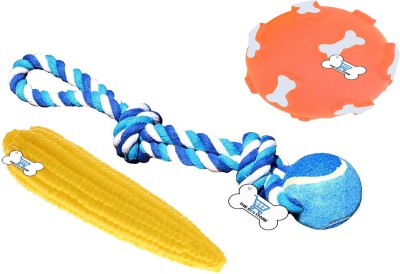 THE DDS STORE Combo of 3-Corn Shape Toy + Pet Toy Ball + Cotton Ball Toy for Small Dogs Cotton, Rubber Chew Toy, Training Aid, Fetch Toy For Dog