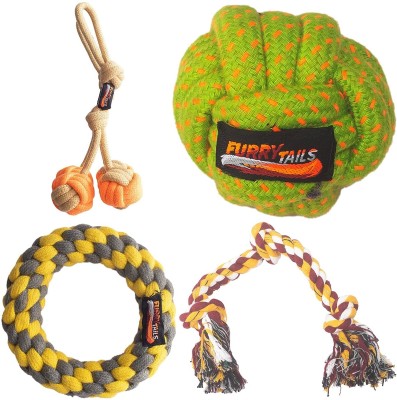 FURRY TAILS Chew Rope Toy, Combo of 4 Chew Toys (3 Knot Toy+ Rope Ball+ Loop Toy+Ring Toy) Cotton Tug Toy For Dog