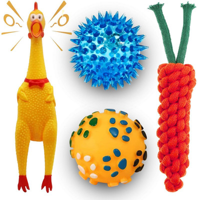 PETZLUV YOUHAVEDEAL Dog Chew Toys Combo 4 Pcs | Rope, Balls & Funny Chicken for Puppies Rubber Squeaky Toy, Ball, Fetch Toy, Chew Toy For Dog