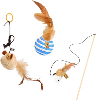 Foodie Puppies 3in1 Cat Teaser Combo - (Velvet Stuart + Sisal Mini Ball + Mouse Bell) | Wooden Stick, Ball For Cat