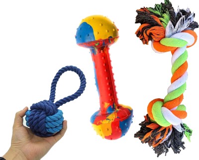 Paaltu Toy Combo (Monkey Ball + Rubber Dumbbell + 2 Knot) (Color May vary) Cotton, Rubber Chew Toy, Fetch Toy, Tug Toy, Soft Toy, Rubber Toy For Dog